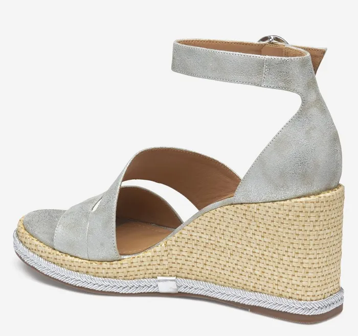 Johnston and Murphy Marcia Asymmetrical Sandal Silver Metallic Kid Suede Women Heels and Platform Wedges