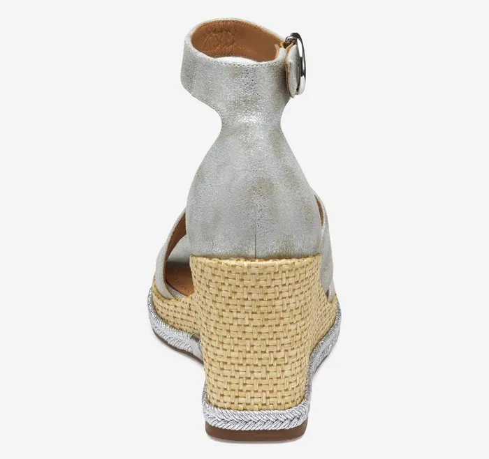 Johnston and Murphy Marcia Asymmetrical Sandal Silver Metallic Kid Suede Women Heels and Platform Wedges