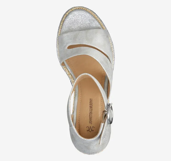 Johnston and Murphy Marcia Asymmetrical Sandal Silver Metallic Kid Suede Women Heels and Platform Wedges