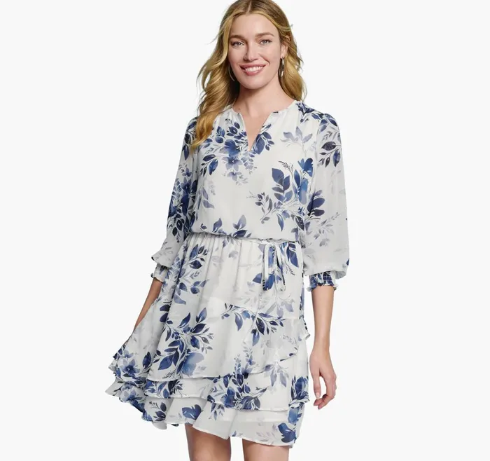 Johnston and Murphy Tiered VNeck Print Dress Blue Women Dresses and Jumpsuits