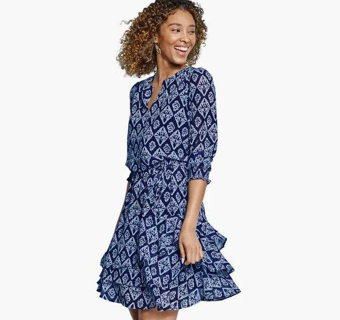 Johnston and Murphy Tiered VNeck Print Dress Navy Knit Women Dresses and Jumpsuits