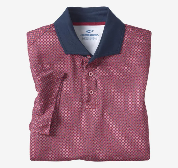 Johnston and Murphy XC4 Performance Print Polo Cool Degree Red Medallion Men Polos and Tees Johnston and Murphy XC4 Performance Print Polo Cool Degree Red Medallion Men Polos and Tees