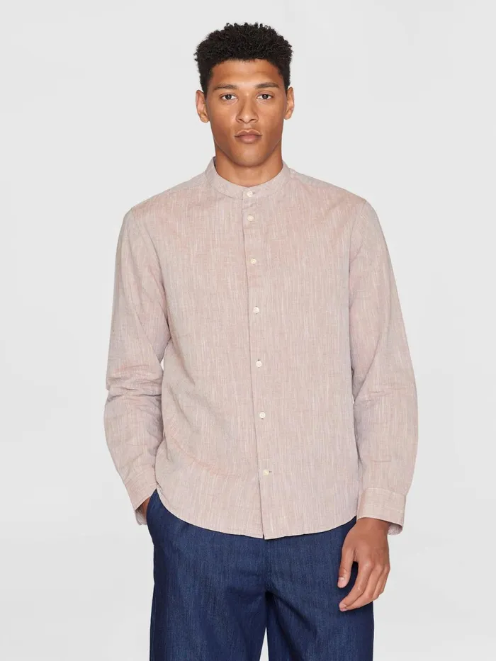 KnowledgeCotton Apparel Shirts Custom Fit Linen Stand Collar Shirt Chocolate Malt 8211 Men KnowledgeCotton Apparel Shirts Custom Fit Linen Stand Collar Shirt Chocolate Malt 8211 Men