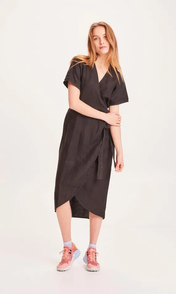 KnowledgeCotton Apparel Skirts And Dresses ORCHID Linen Wrap Dress Black Jet 8211 Women