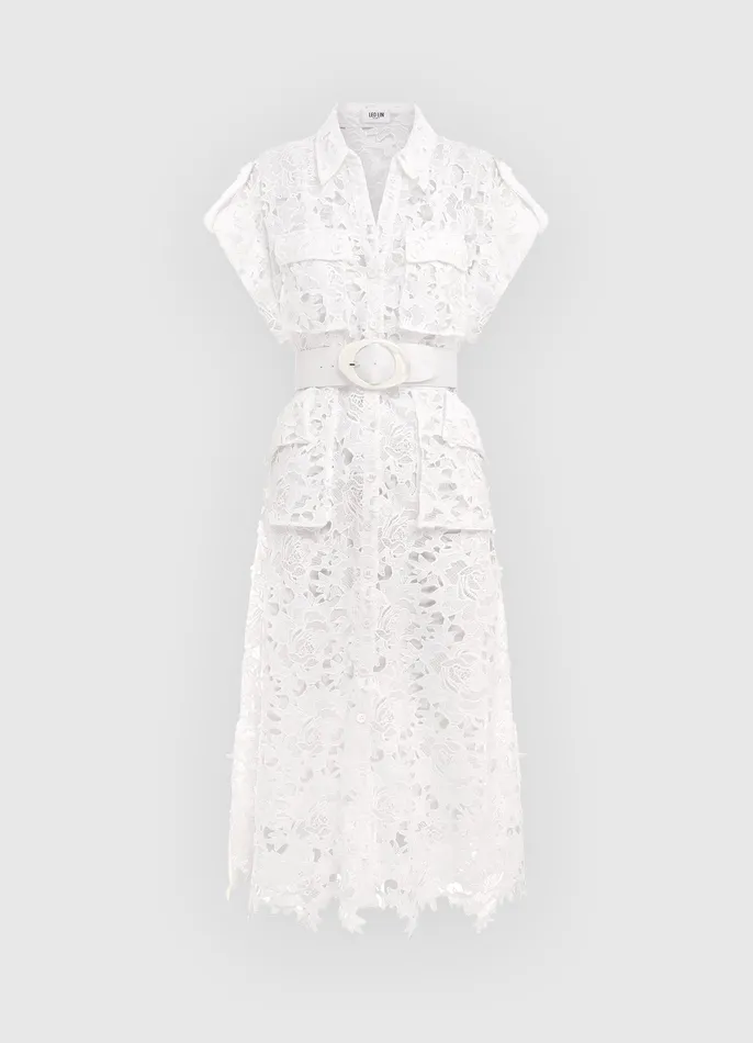LEO LIN Audrey Lace Pocket Shirt Midi Dress 8211 Snow Women Dresses and Jumpsuits