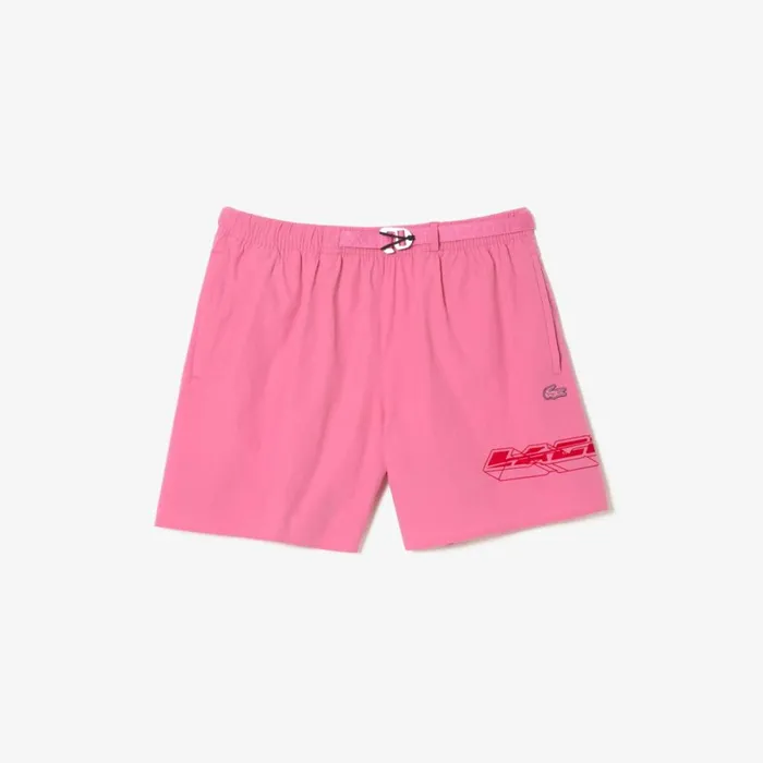 Matching Sets Men Lacoste Mens QuickDry Logo Stripe Swim Trunks Bubblegum Pink 2r3