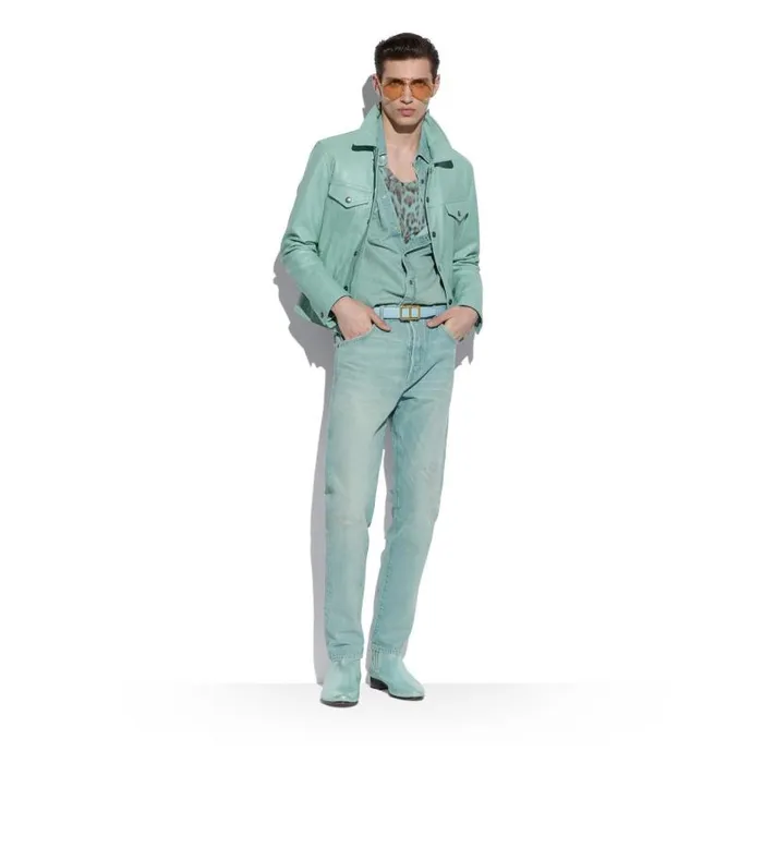 Men Outerwear Tom Ford Soft Grain Leather Zip Jean Jacket Cadet Blue
