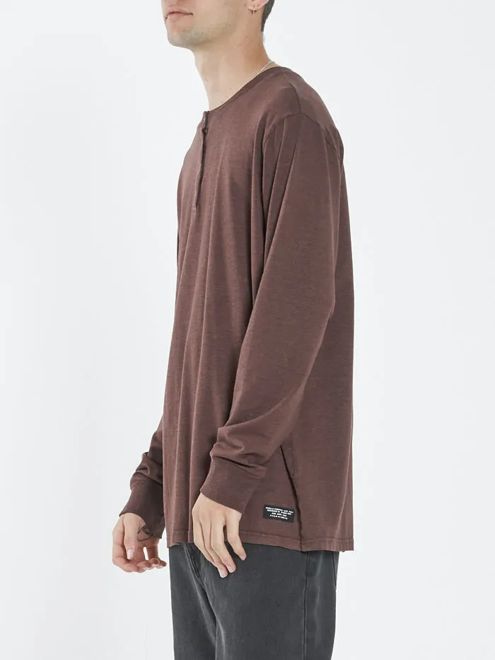 Mens Hemp Liste Long Sleeve Henley Washed Cocoa Thrills Tees and Tank Tops