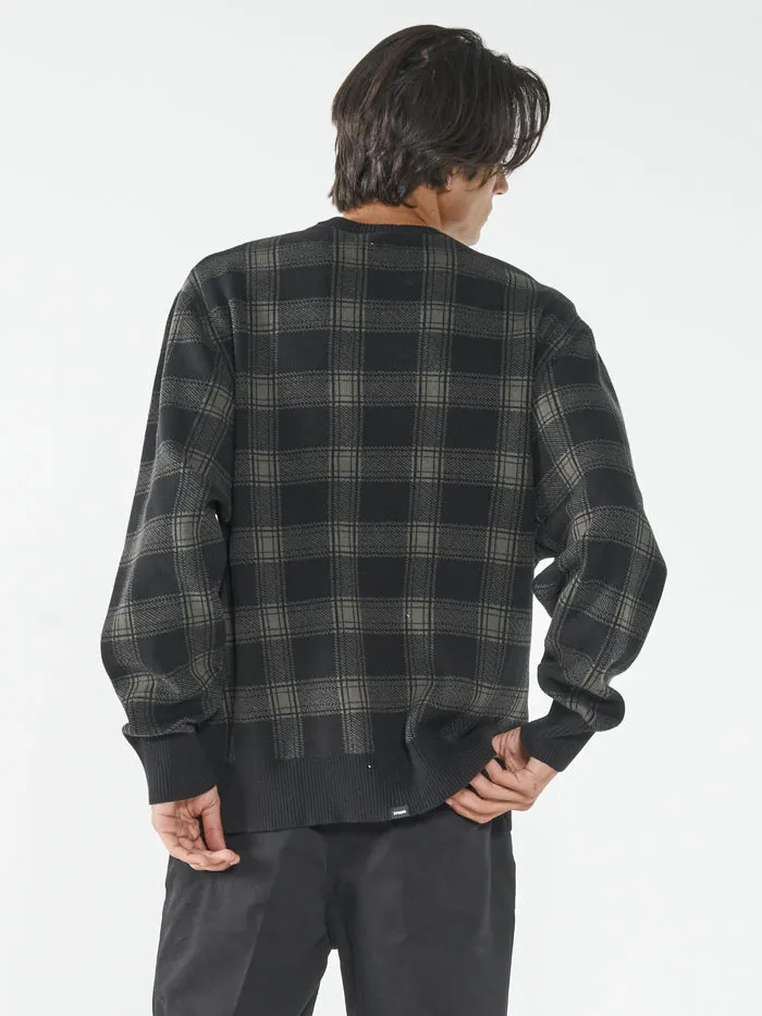 Mens Now Then Crew Knit Oil Green Thrills Sweaters and Fleece