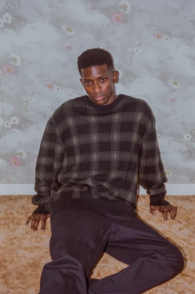 Mens Now Then Crew Knit Oil Green Thrills Sweaters and Fleece