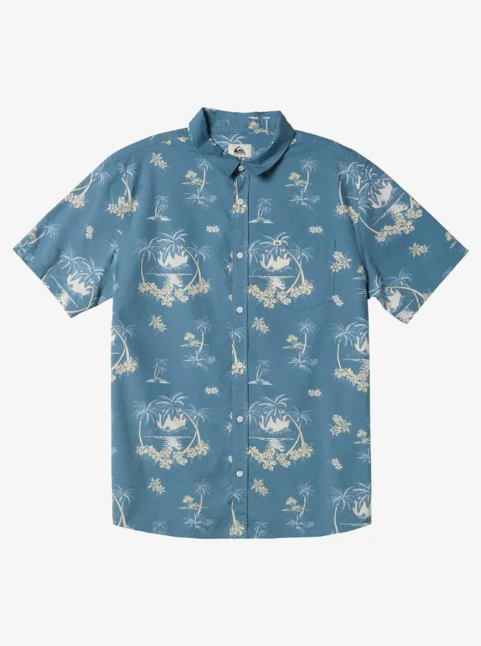 Quiksilver Palm Spritz Short Sleeve Woven Shirt Agean Blue Palm Spritz Mens Shirts and Polos Quiksilver Palm Spritz Short Sleeve Woven Shirt Agean Blue Palm Spritz Mens Shirts and Polos