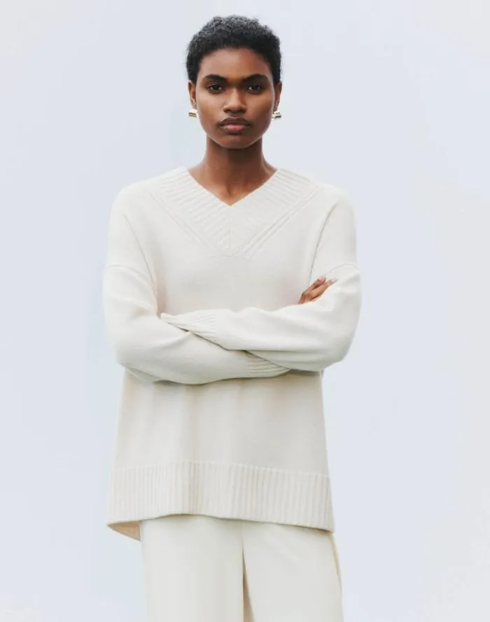 Ready To Wear Cashmere Ribbed VNeck Sweater Buff Melange Lafayette 148 New York Sweaters and Knits