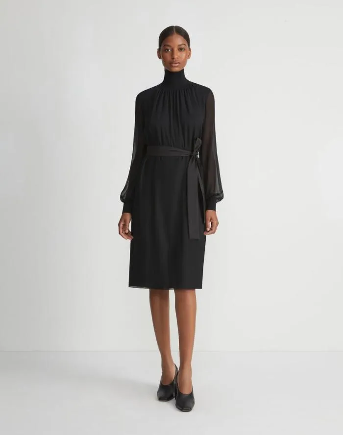 Ready To Wear Opaque and Sheer Silk Turtleneck Dress Black Lafayette 148 New York Dresses
