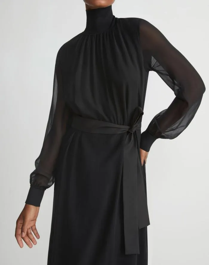 Ready To Wear Opaque and Sheer Silk Turtleneck Dress Black Lafayette 148 New York Dresses