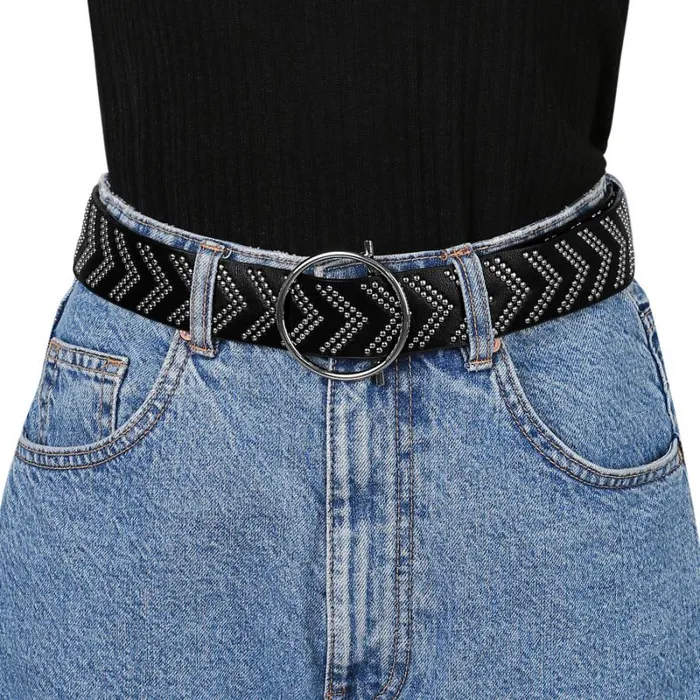 RWandCO Belts Allegra K Skinny Waist Round Metal Buckle Narrow Belt Black 8211 Women