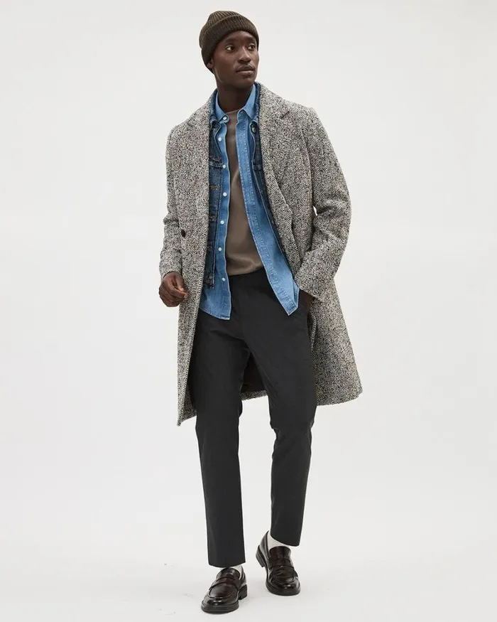 RWandCO Coats and Jackets Classic DoubleBreasted Tweed Coat Black And White 8211 Men