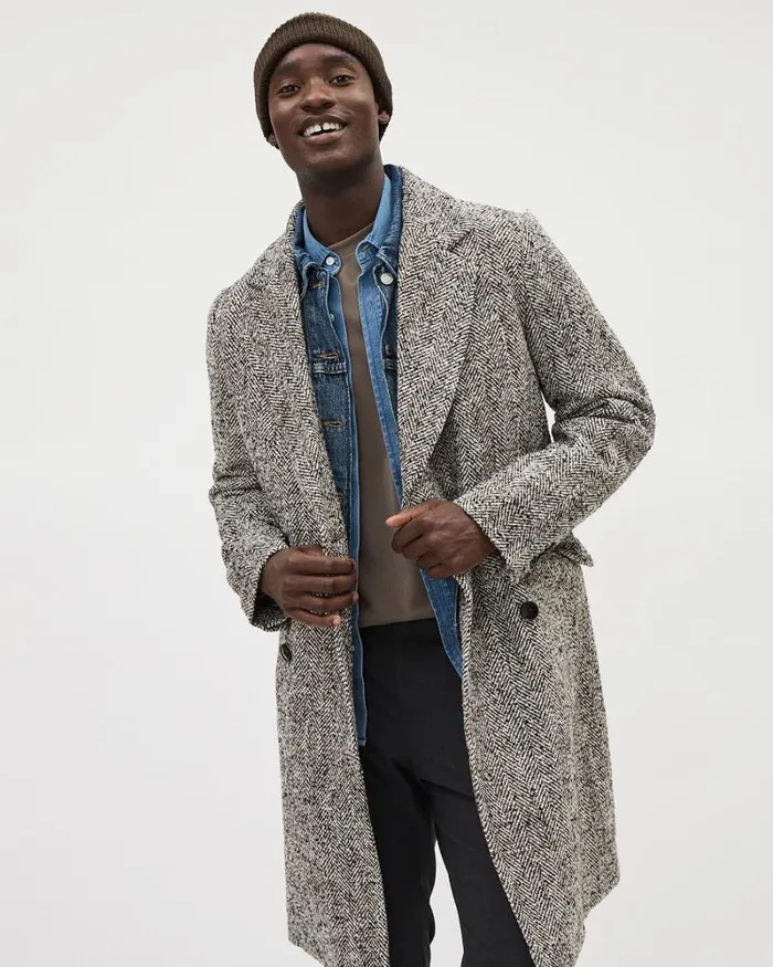 RWandCO Coats and Jackets Classic DoubleBreasted Tweed Coat Black And White 8211 Men