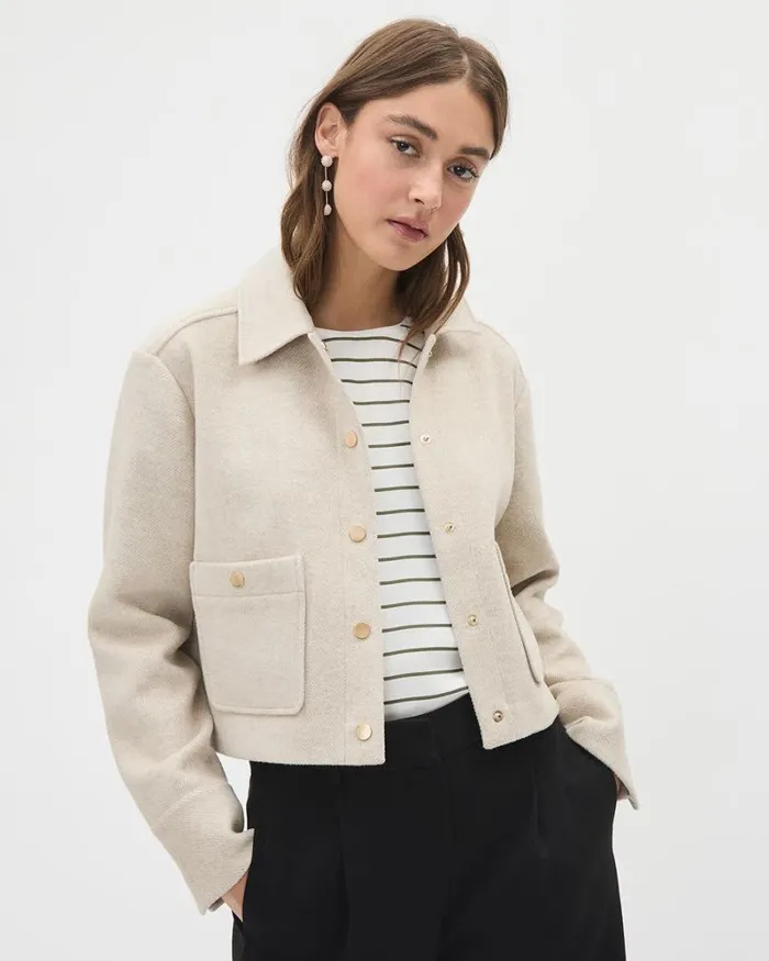 RWandCO Coats and Jackets Textured Twill Cropped Shacket Beige Mix 8211 Women RWandCO Coats and Jackets Textured Twill Cropped Shacket Beige Mix 8211 Women