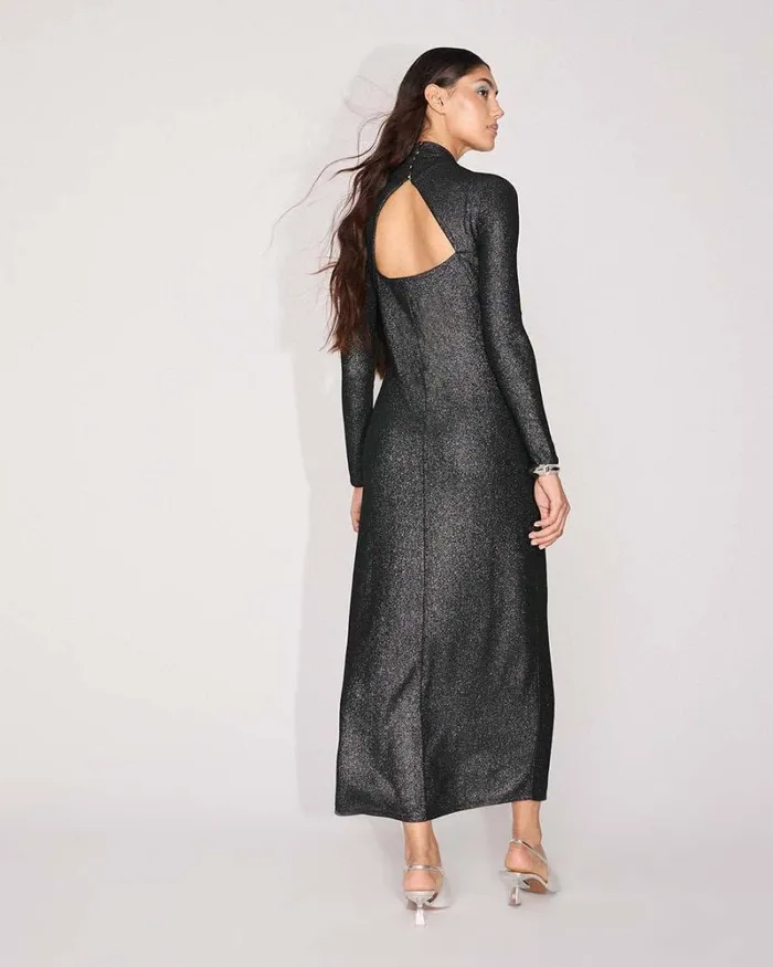 RWandCO Dresses LongSleeve MockNeck Maxi Dress With Metallic Fibres Black Multi 8211 Women