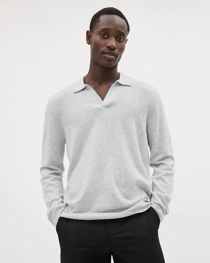 RWandCO Polos LongSleeve Wool Blend Sweater With Johnny Collar Light Heather Grey 8211 Men