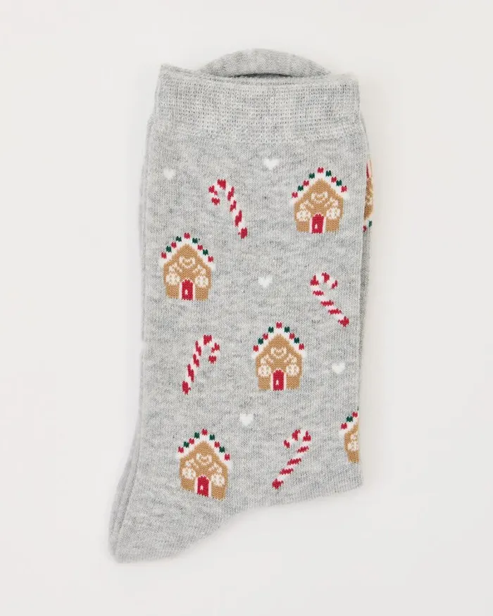 RWandCO Socks and Tights Cotton Socks With Gingerbread Houses And Candy Canes Light Grey Mix8211 8211 Women