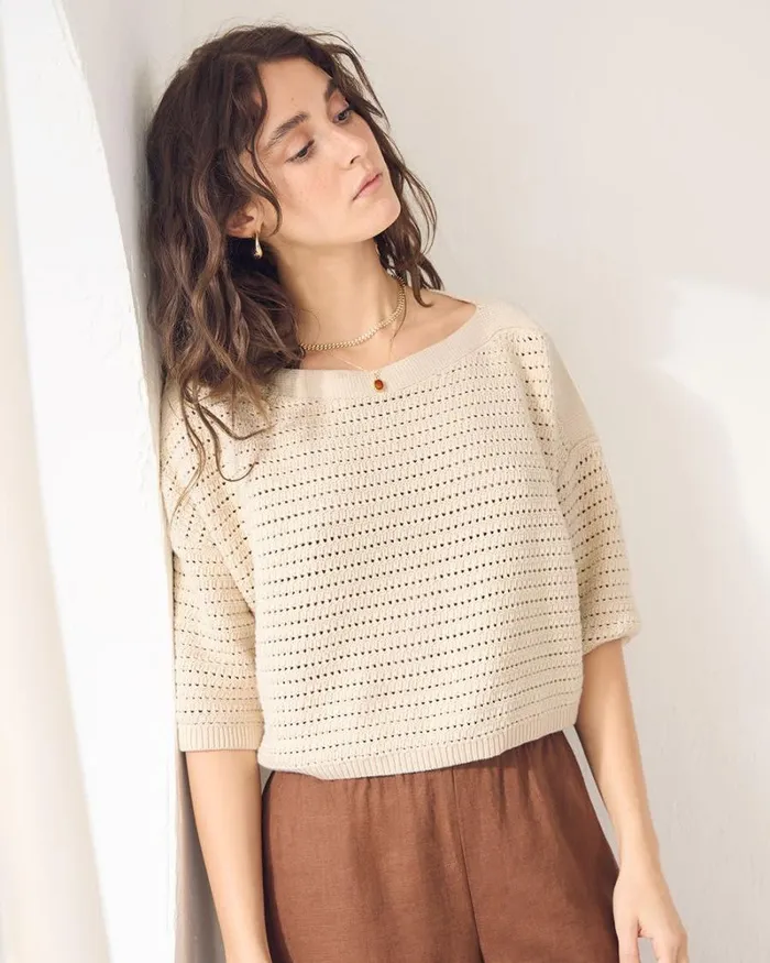 RWandCO Sweaters and Cardigans ElbowSleeve Crochet Sweater Oatmeal 8211 8211 Women