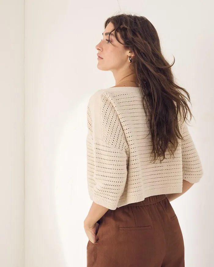 RWandCO Sweaters and Cardigans ElbowSleeve Crochet Sweater Oatmeal 8211 8211 Women