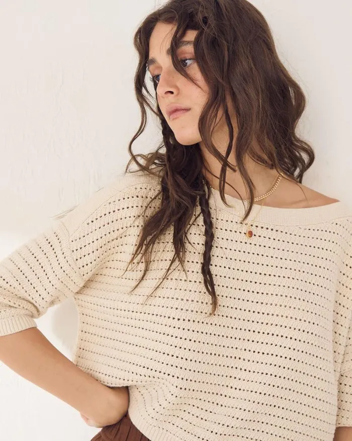 RWandCO Sweaters and Cardigans ElbowSleeve Crochet Sweater Oatmeal 8211 8211 Women