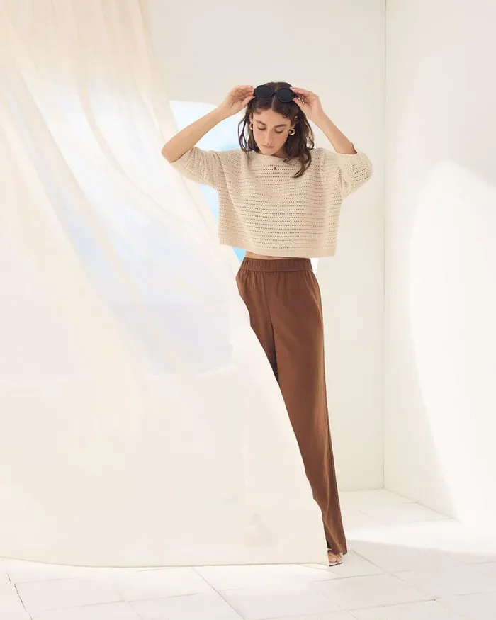 RWandCO Sweaters and Cardigans ElbowSleeve Crochet Sweater Oatmeal 8211 8211 Women