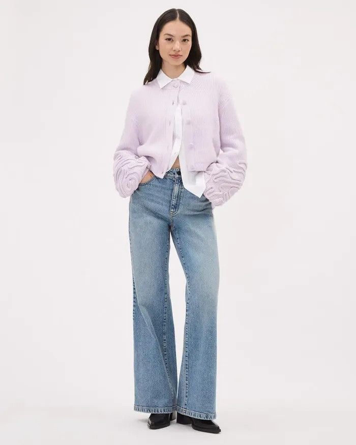RWandCO Sweaters and Cardigans LongSleeve CrewNeck Cardigan With Flower Appliqus Orchid Hush 8211 Women