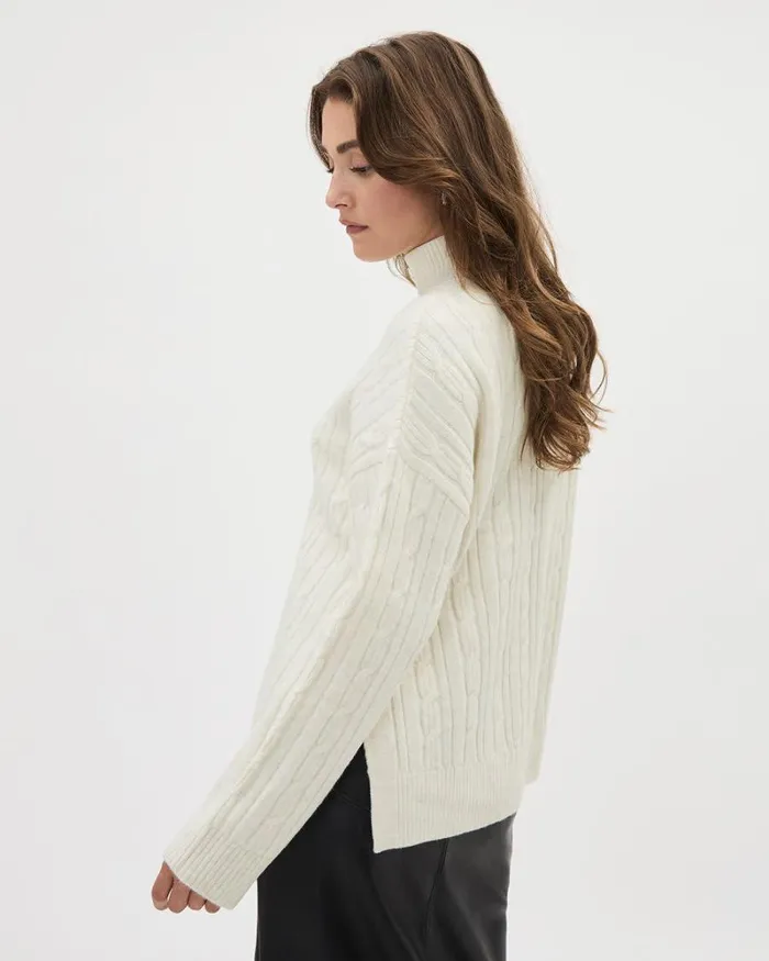 RWandCO Sweaters and Cardigans LongSleeve MockNeck Sweater With Cable Stitches Off White Mix 8211 Women RWandCO Sweaters and Cardigans LongSleeve MockNeck Sweater With Cable Stitches Off White Mix 8211 Women