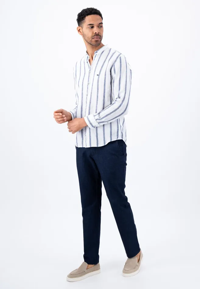 Sale Men FYNCHHATTON Light Linen Shirt With Stand up Collar And Subtle Stripes Whitesummer Breeze