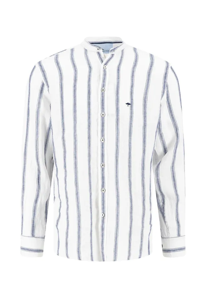 Sale Men FYNCHHATTON Light Linen Shirt With Stand up Collar And Subtle Stripes Whitesummer Breeze