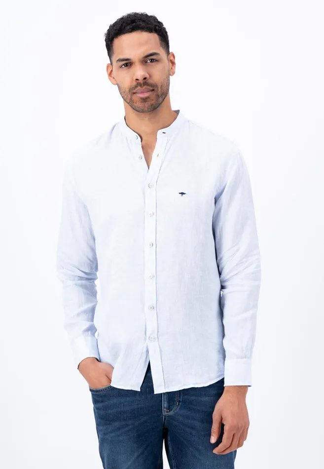 Sale Men FYNCHHATTON Light Linen Shirt With Stand up Collar And Subtle Stripes Whitesummer Breeze