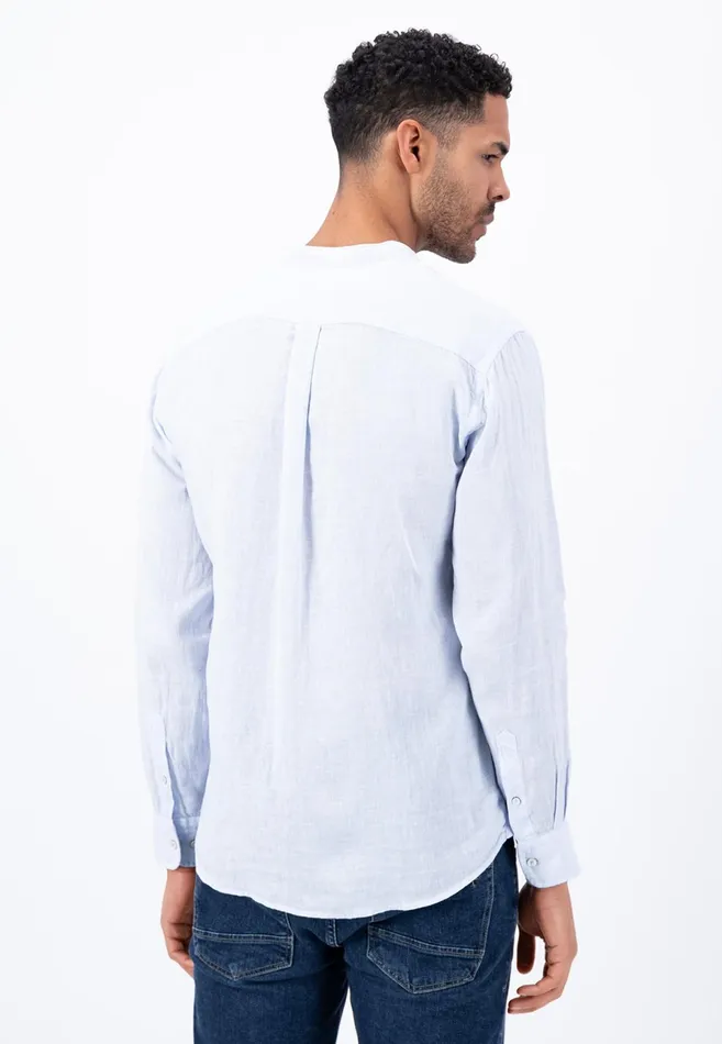 Sale Men FYNCHHATTON Light Linen Shirt With Stand up Collar And Subtle Stripes Whitesummer Breeze