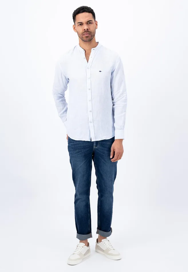 Sale Men FYNCHHATTON Light Linen Shirt With Stand up Collar And Subtle Stripes Whitesummer Breeze