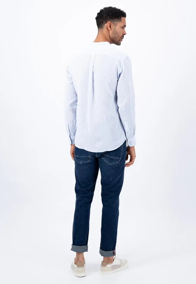 Sale Men FYNCHHATTON Light Linen Shirt With Stand up Collar And Subtle Stripes Whitesummer Breeze