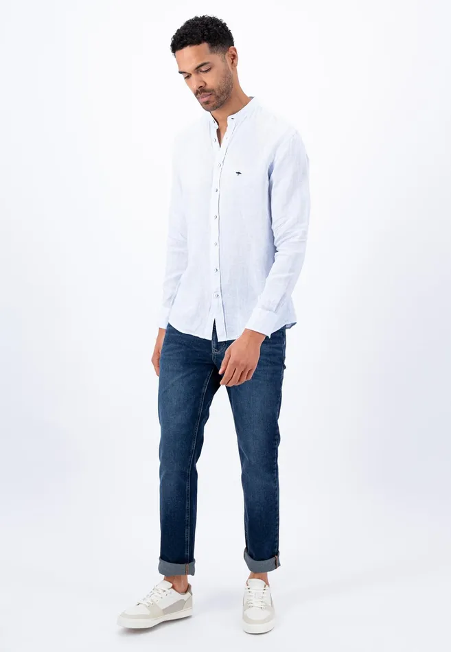 Sale Men FYNCHHATTON Light Linen Shirt With Stand up Collar And Subtle Stripes Whitesummer Breeze
