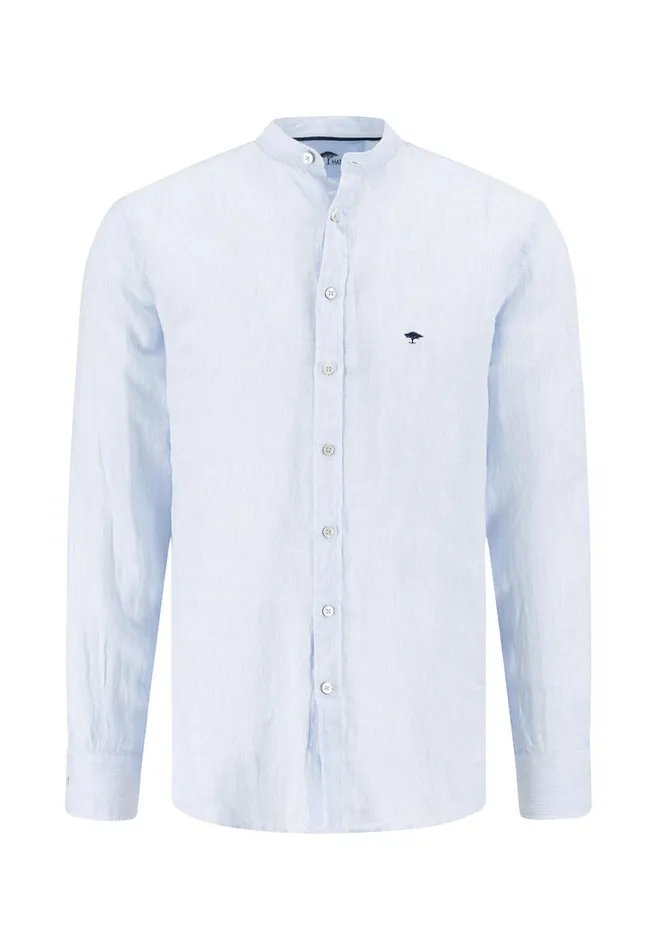 Sale Men FYNCHHATTON Light Linen Shirt With Stand up Collar And Subtle Stripes Whitesummer Breeze