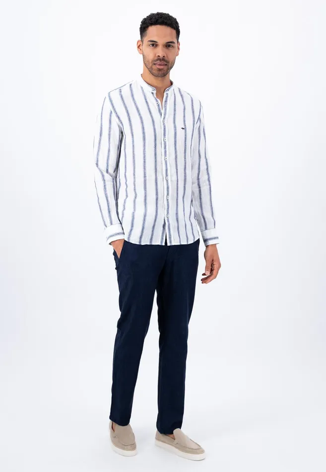Sale Men FYNCHHATTON Light Linen Shirt With Stand up Collar And Subtle Stripes Whitesummer Breeze