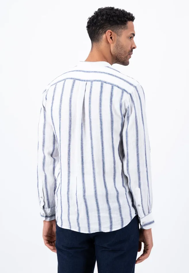 Sale Men FYNCHHATTON Light Linen Shirt With Stand up Collar And Subtle Stripes Whitesummer Breeze