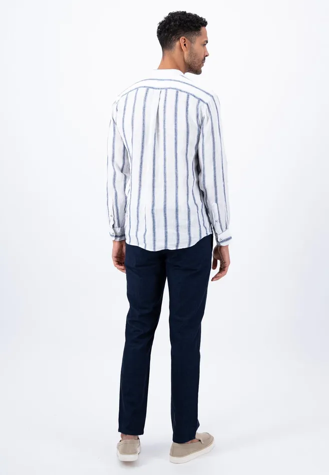 Sale Men FYNCHHATTON Light Linen Shirt With Stand up Collar And Subtle Stripes Whitesummer Breeze