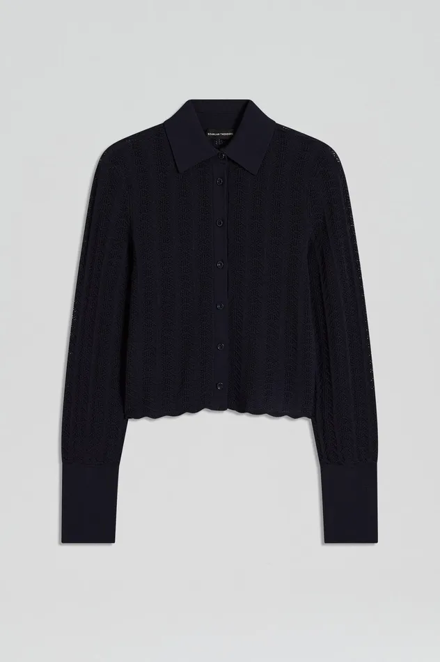 Scanlan Theodore Knitwear Women PLEAT LACE LS SHIRT NAVY Scanlan Theodore Knitwear Women PLEAT LACE LS SHIRT NAVY