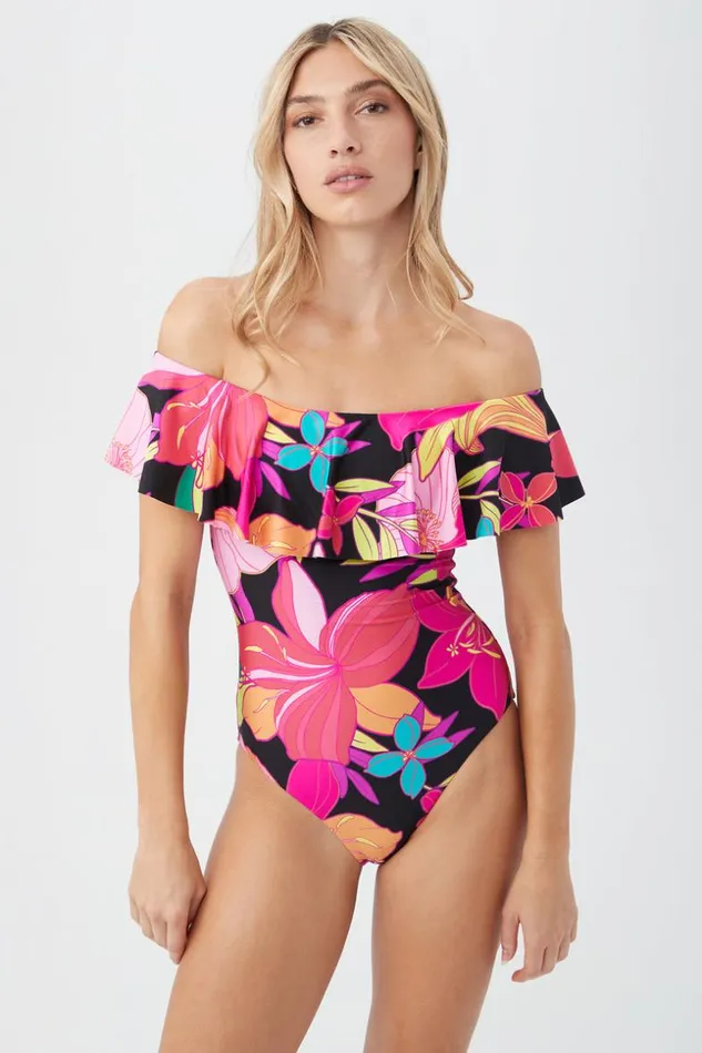 SHOP Trina Turk ONE PIECE SWIMWEAR WOMEN039S SOLAR FLORAL OFF THE SHOULDER RUFFLE ONE PIECE SWIMSUIT