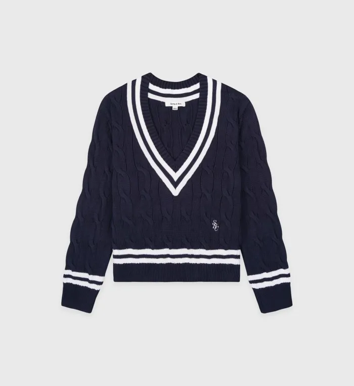 Sporty and Rich Knitwear Women SRC Cableknit VNeck Sweater 8211 NavyWhite