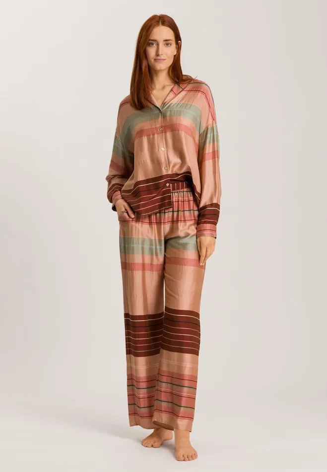 Striped Color Block Shirt Earth Tanned Stripe Women HANRO Pajama Tops