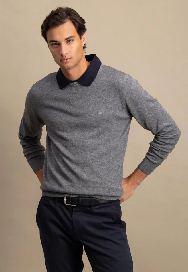 Sweater Men FYNCHHATTON Fine Knitting Sweater With A Circular Neckline Navysteelcharcoalazure
