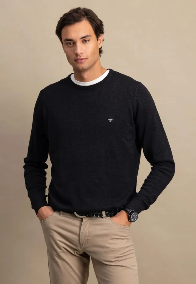 Sweater Men FYNCHHATTON Fine Knitting Sweater With A Circular Neckline Navysteelcharcoalazure