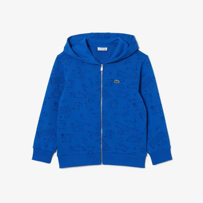 Sweaters and Sweatshirts Kids Lacoste Kids039 Printed Unbrushed Fleece ZipUp Sweatshirt Blue White Iu1