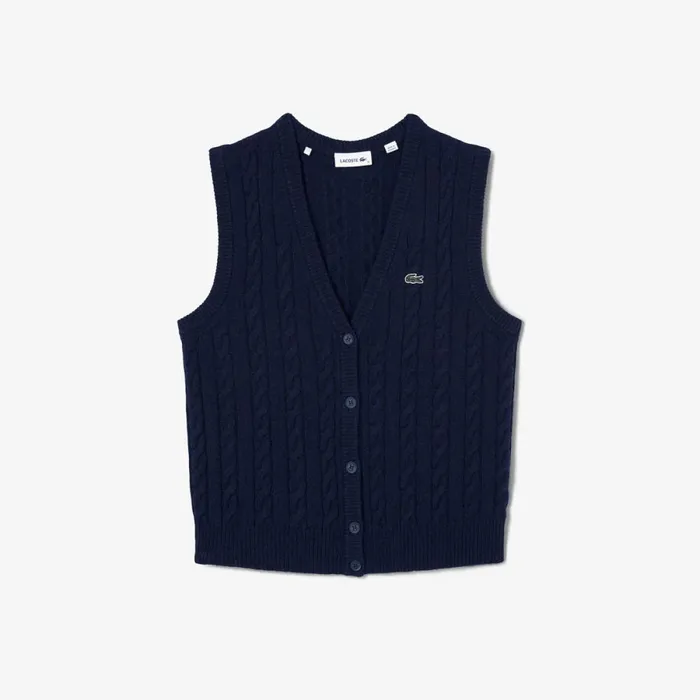 Sweaters and Sweatshirts Women Lacoste Women039s Lacoste X Bandier Sleeveless Cashmere Cardigan Navy Blue 166